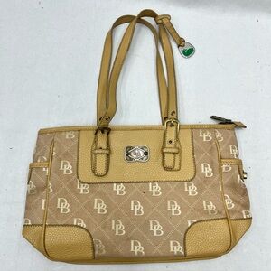 Dooney & Bourke Signature Logo Beige Canvas Leather Great Condition
